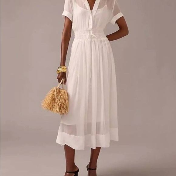 J. Crew Elena Shirtdress Chiffon White Midi A Line Minimalist Sheer US 0 NWT - Picture 1 of 9